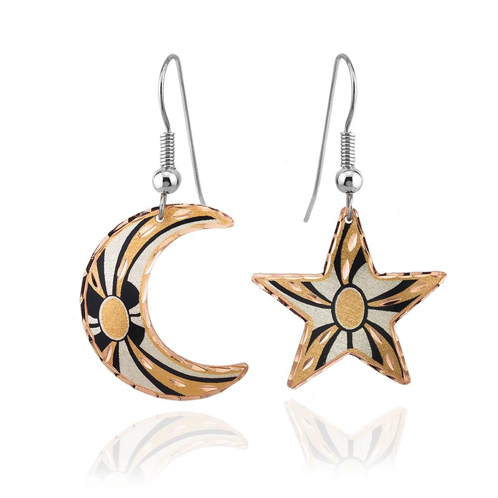Black flower moon and star design earrings