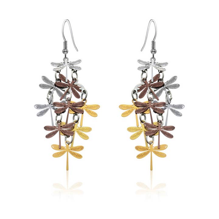 Dragonflies gold,silver and copper earrings