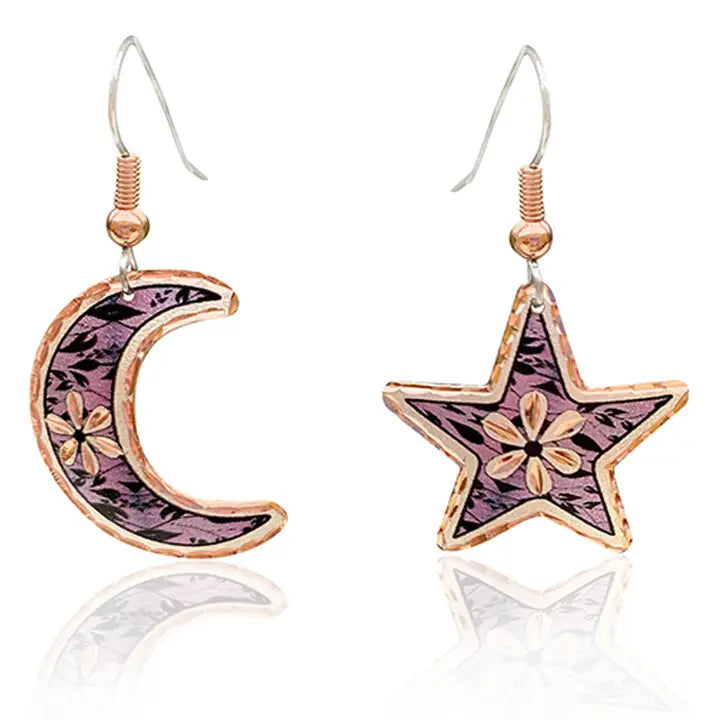 Purple background moon and star earrings