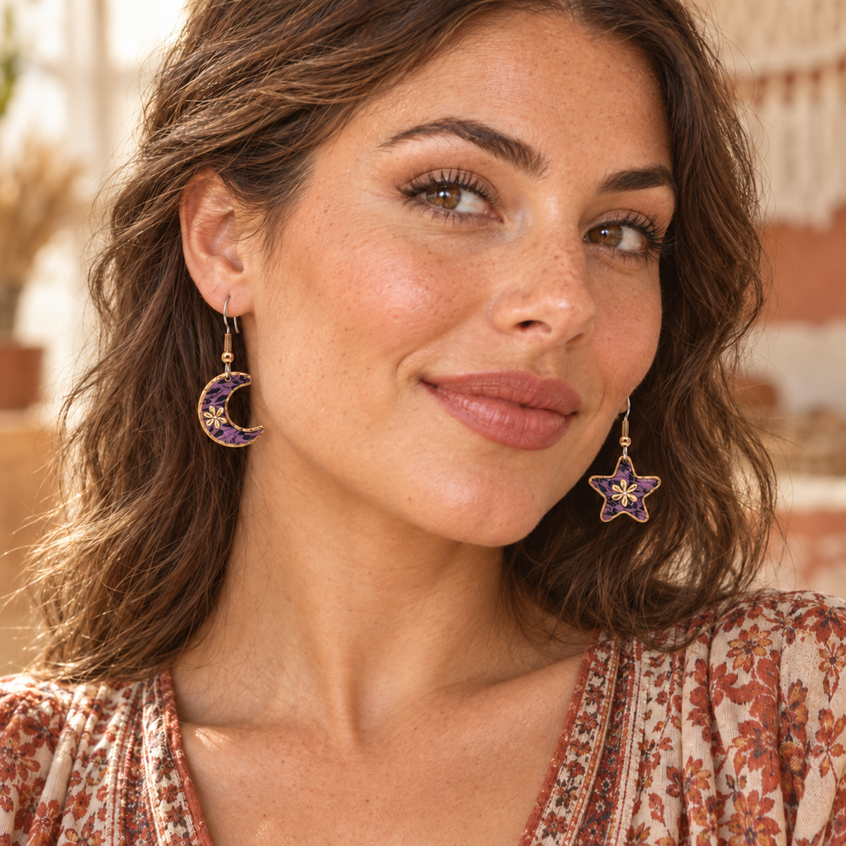 Purple moon and star earrings