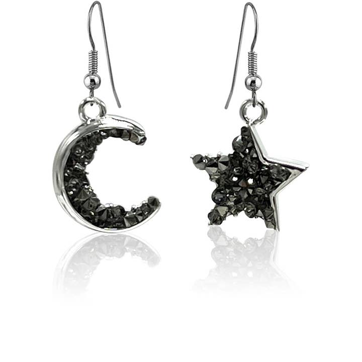 Moon and star black crystal earrings