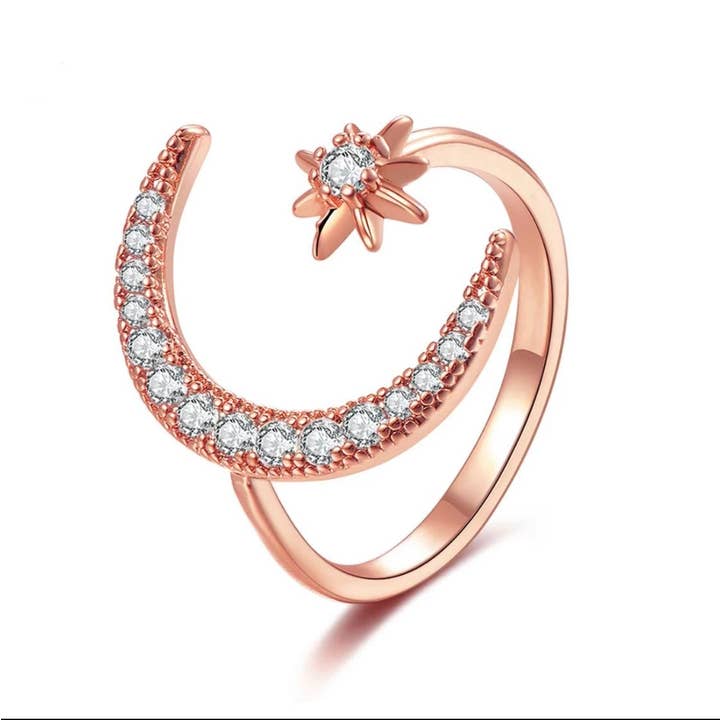 rose gold moon and star  adjustable stainless    Ring