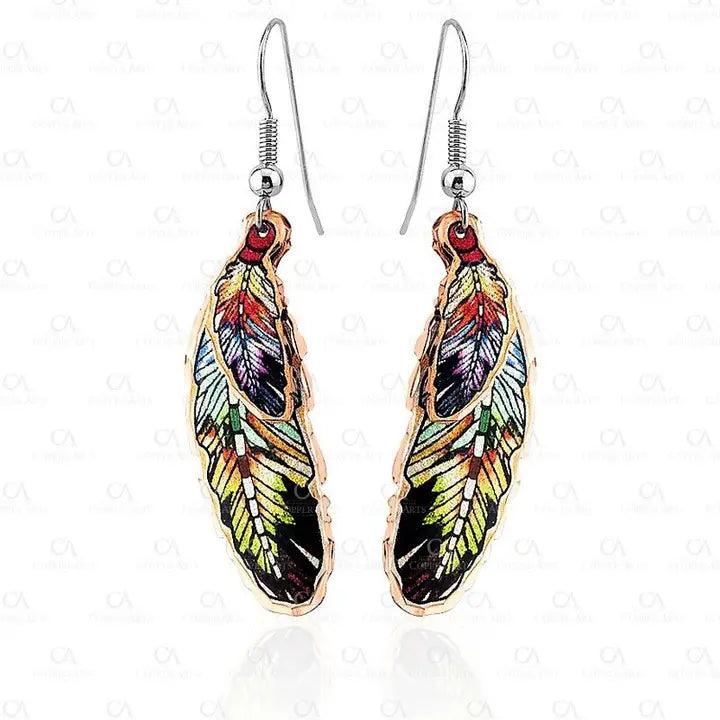 Dangle Colorful Copper Feather Art Earrings CM-613