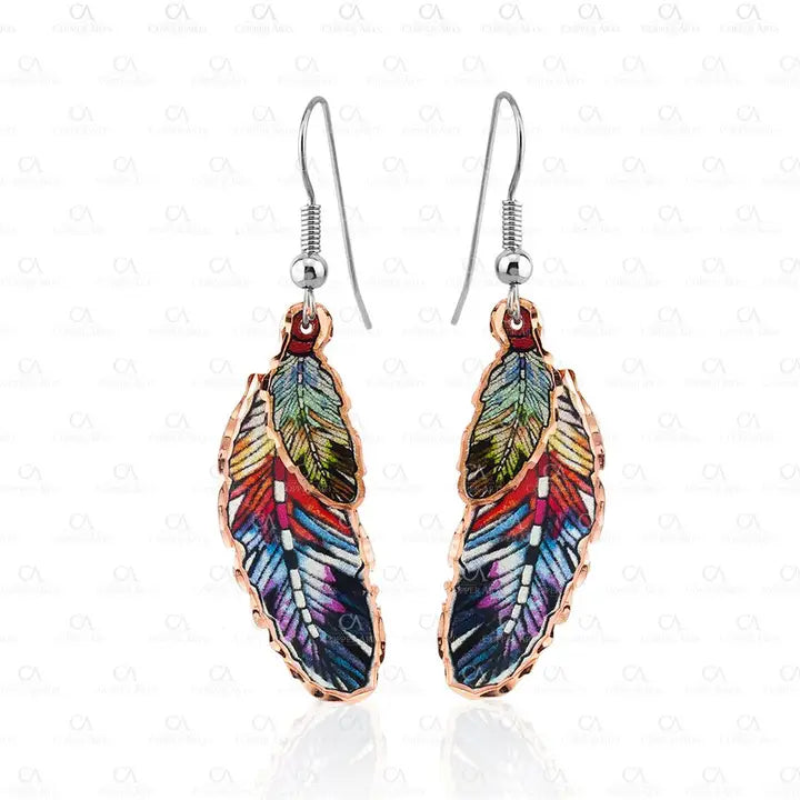 Double Dangle Feather Copper Earrings CM-614