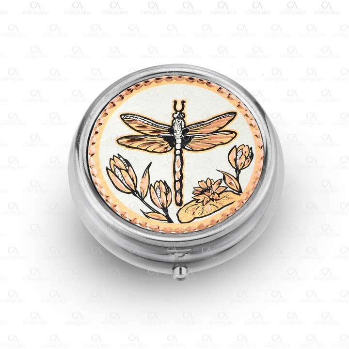 Dragonfly pillbox with copper artwork
