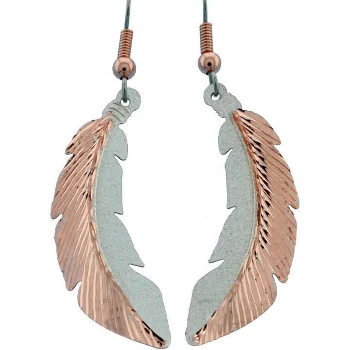 Diamond Cut Copper & Silver Feather Earrings