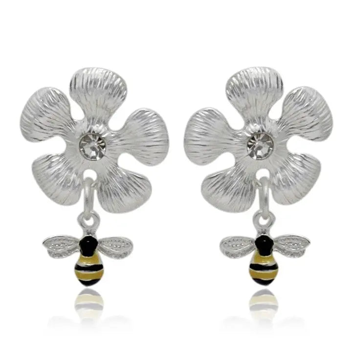 Bee and flower design crystal stud silver  earrings