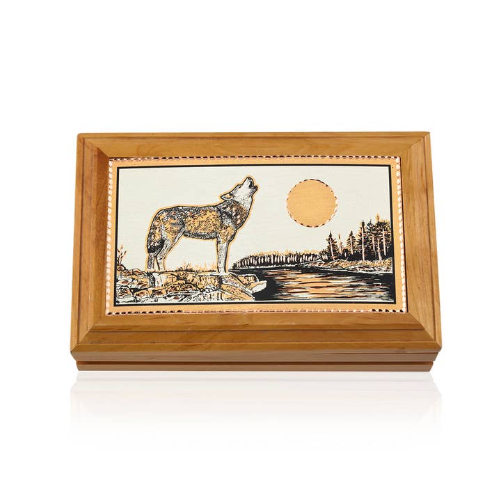 Wooden Box Howling Wolf