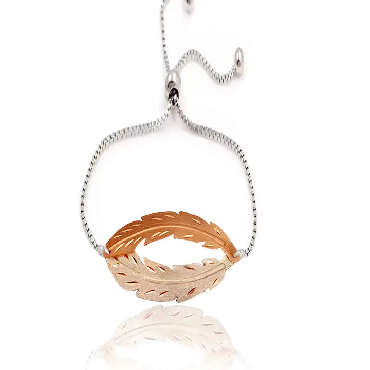 copper and silver feathers bracelet w/slider