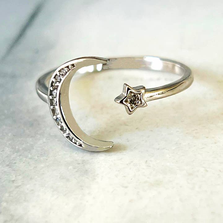 moon and star w/zirconia stones   Adjustable Ring