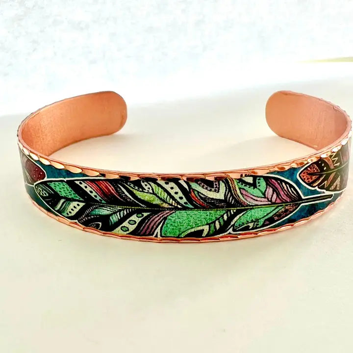 Colorful Feather Artwork Copper Cuff Bracelet