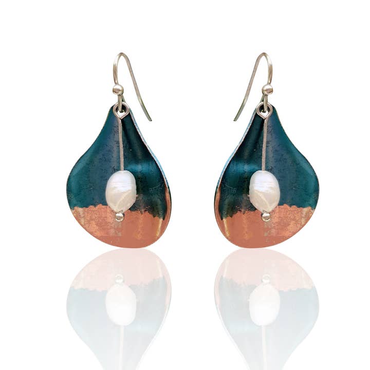 copper patina earrings with pearl