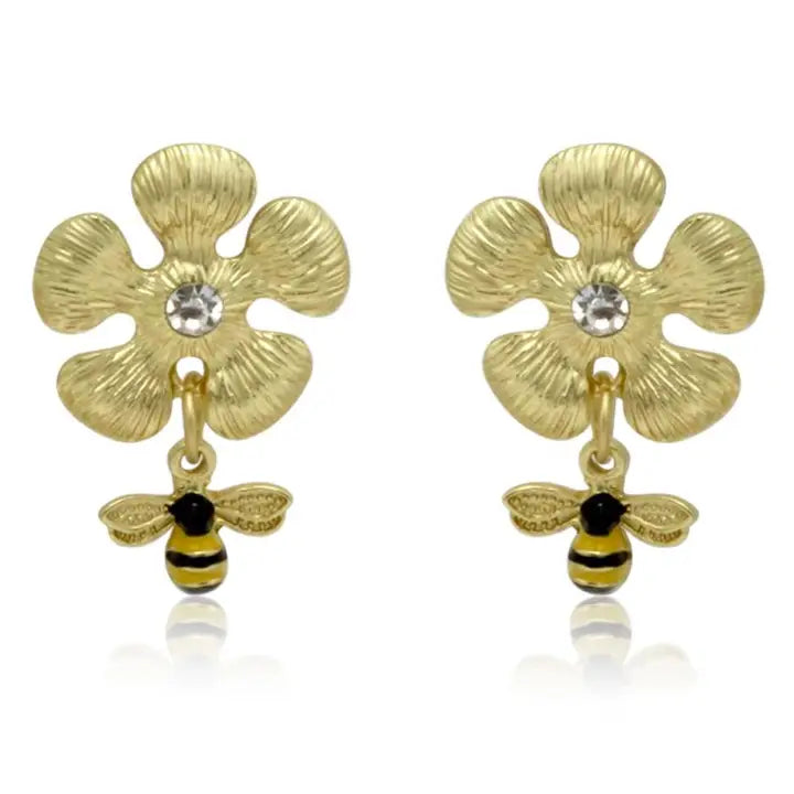 Bee and flower design crystal stud gold earrings