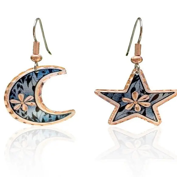 Dark blue moon and star floral earrings