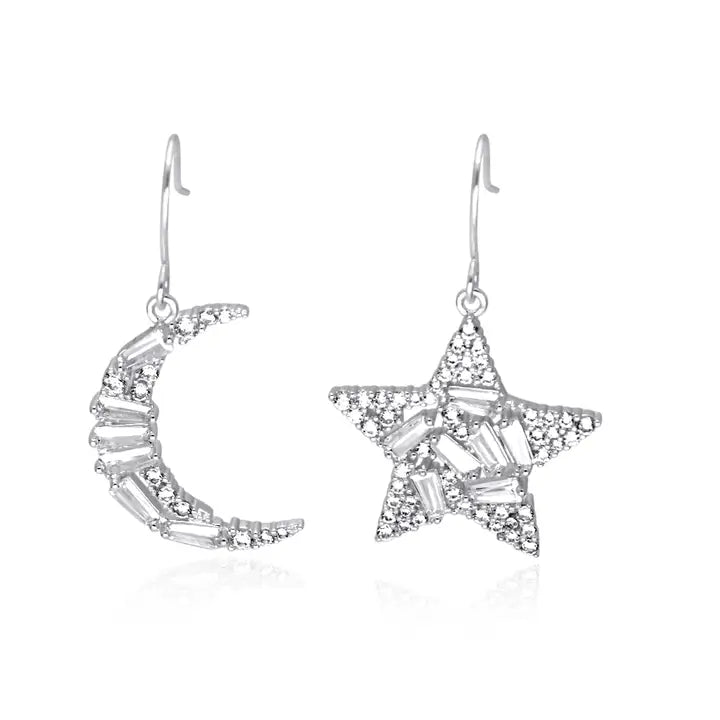 Moon and Star dangly  Earrings w/zirconia stones