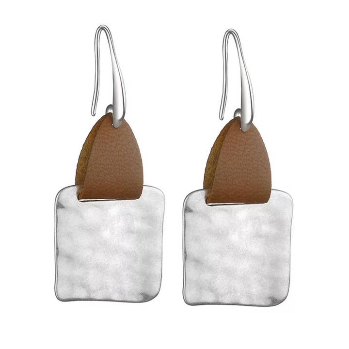 Square  silver hammered earrings with leather