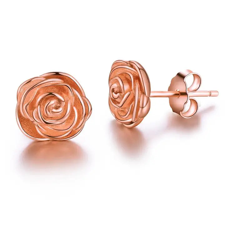 Rose bloom  flower rose gold plated  silver earrings