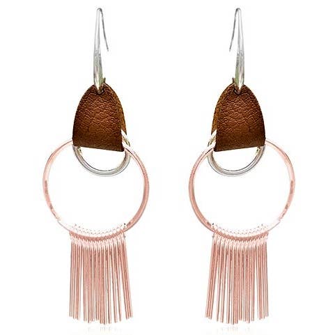 circle hoop  rose gold tassel earrings with leather
