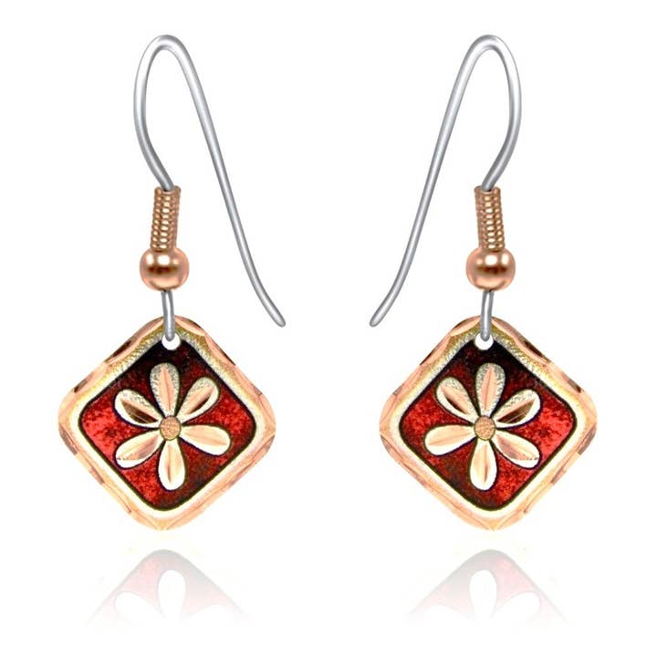 Red Daisies Square Flower Earrings