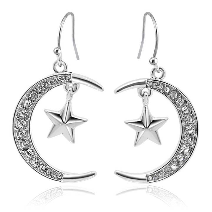 Moon and Star silver  Earrings w/zirconia stones