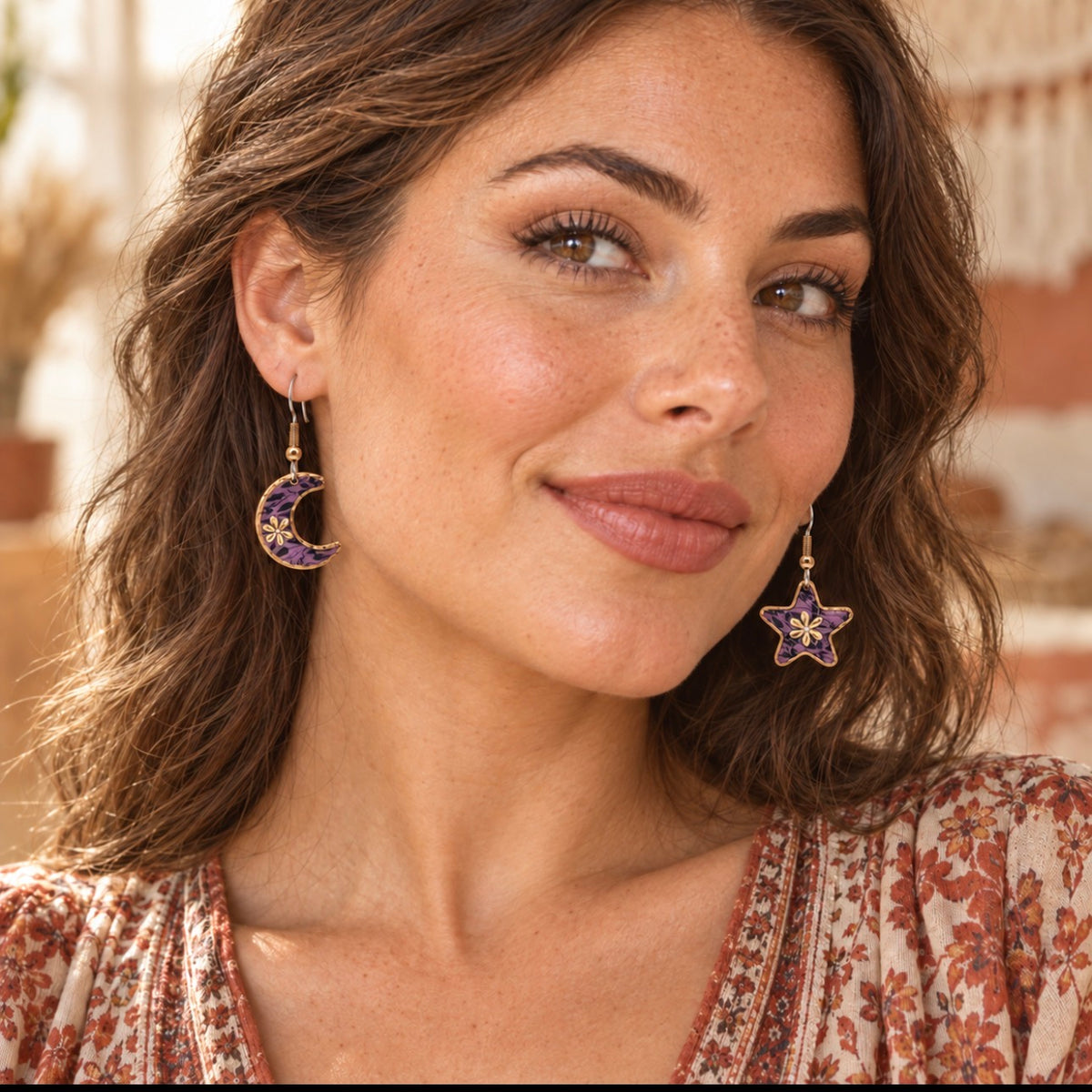 Purple moon and star earrings
