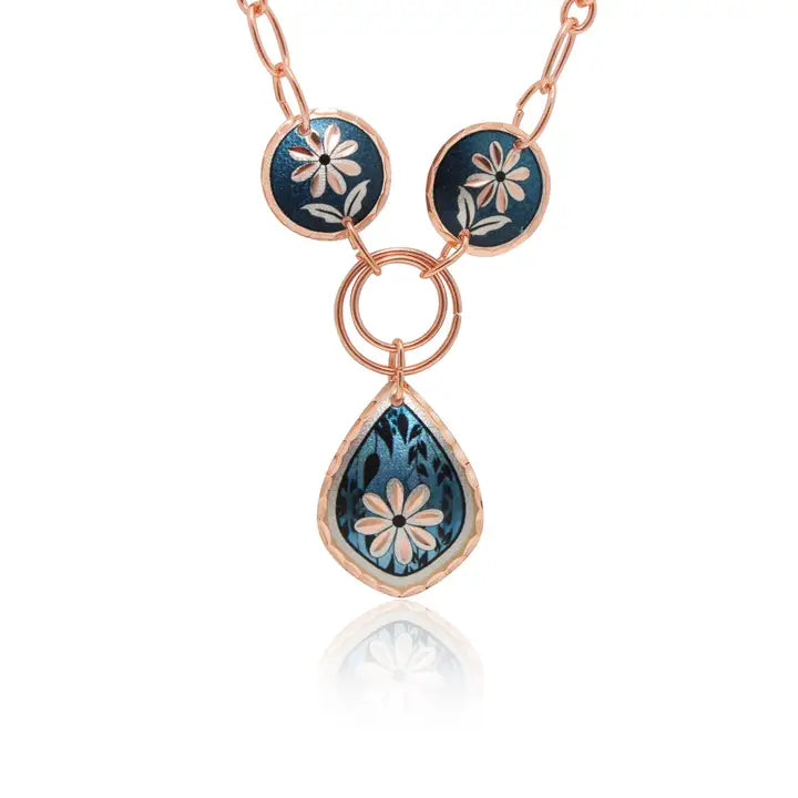 Blue flower design drop necklace