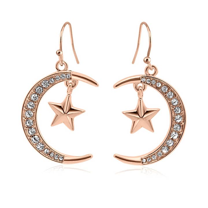 Moon and Star Rose gold  Earrings w/zirconia stones