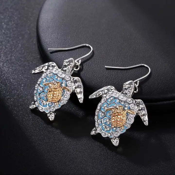 turtle blue enamel patterns earrings