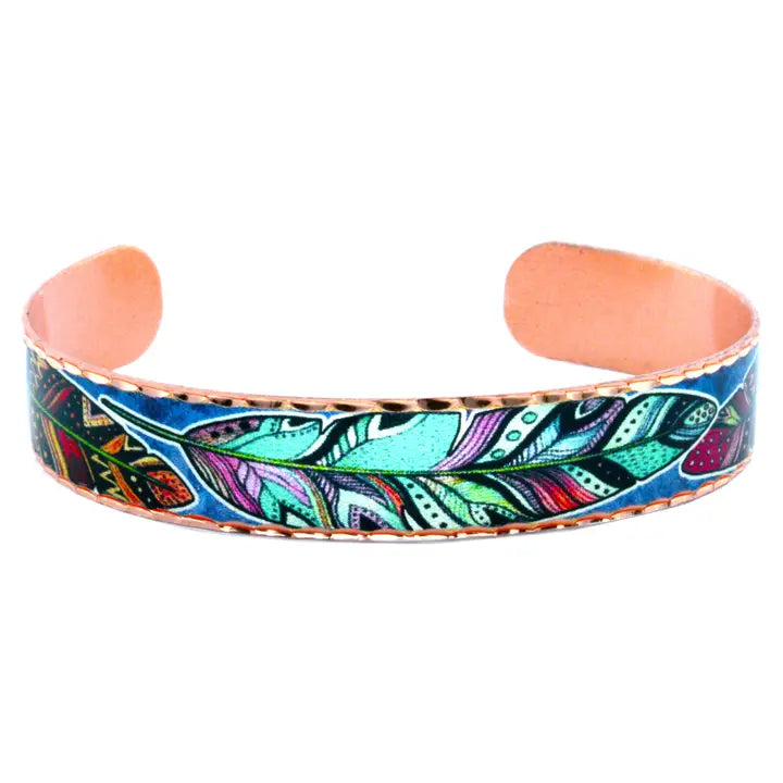 Colorful Feather Artwork Copper Cuff Bracelet