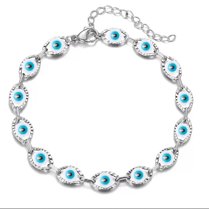 white stones evil eye  steel  adjustable anklet