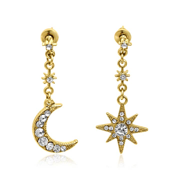 Moon and Star Gold plated Earrings w/zirconia stones