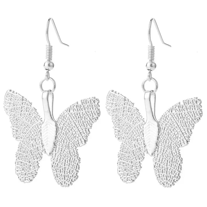 Silver Butterfly Dried Leaf  Earrings