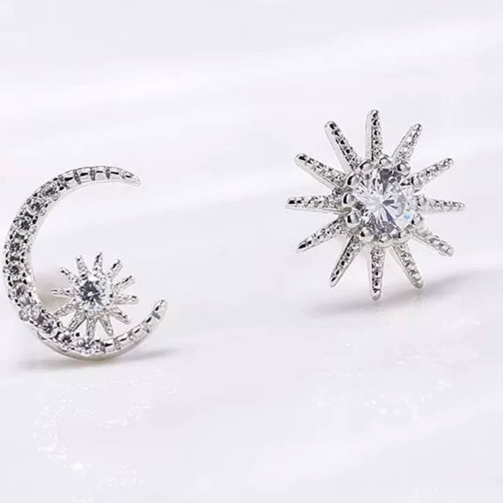Moon and Sun  stud silver  Earrings w/zirconia stones