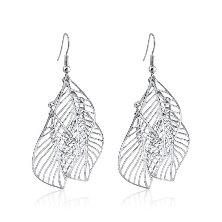 Filigree  three Leaves  silver  color earrings