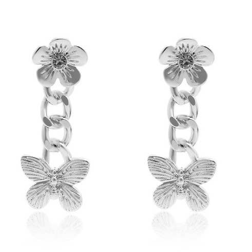 Silver stud   Butterfly long drop  Earrings