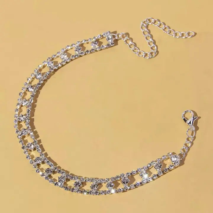 Steel Adjustable Anklet W/Zirconia Stones