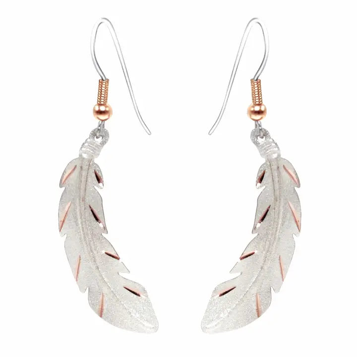 Textured Copper silver plated  Feather Earrings