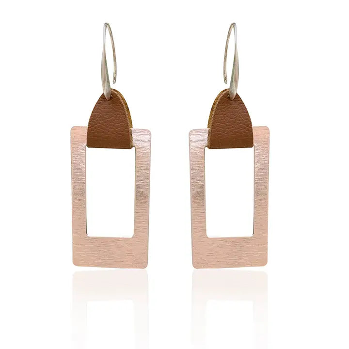 Rectangular  silver earrings with leather