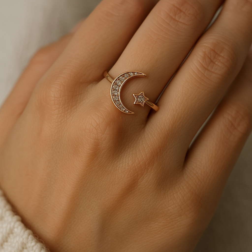 Moon star zircon rose gold color adjustable ring