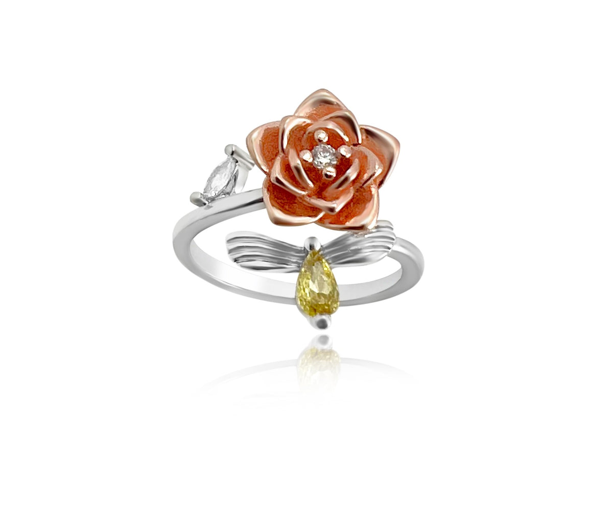 Bee spinner adjustable ring silver rose color with yellow zircon stone