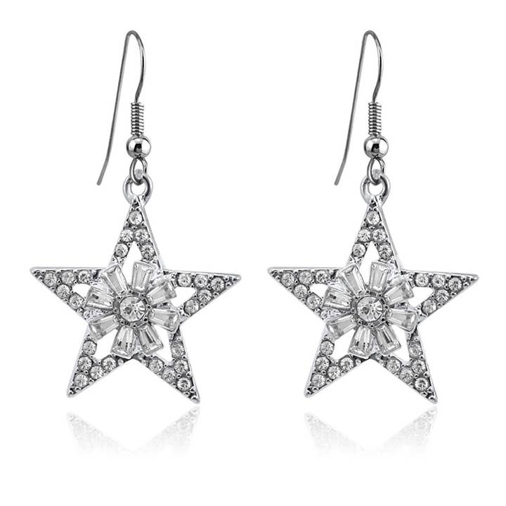 Zirconia  baguette stones   silver  star earrings