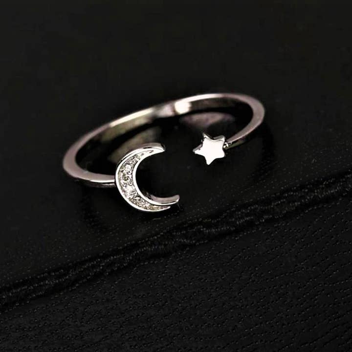 Silver tiny moon and star stainless steel Ring