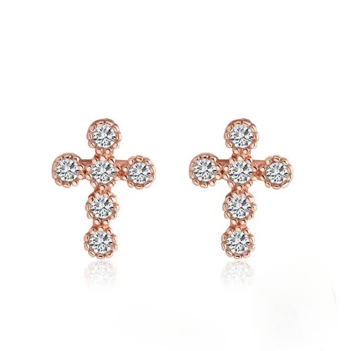 Sterling silver rose gold stud tiny Cross  Earrings