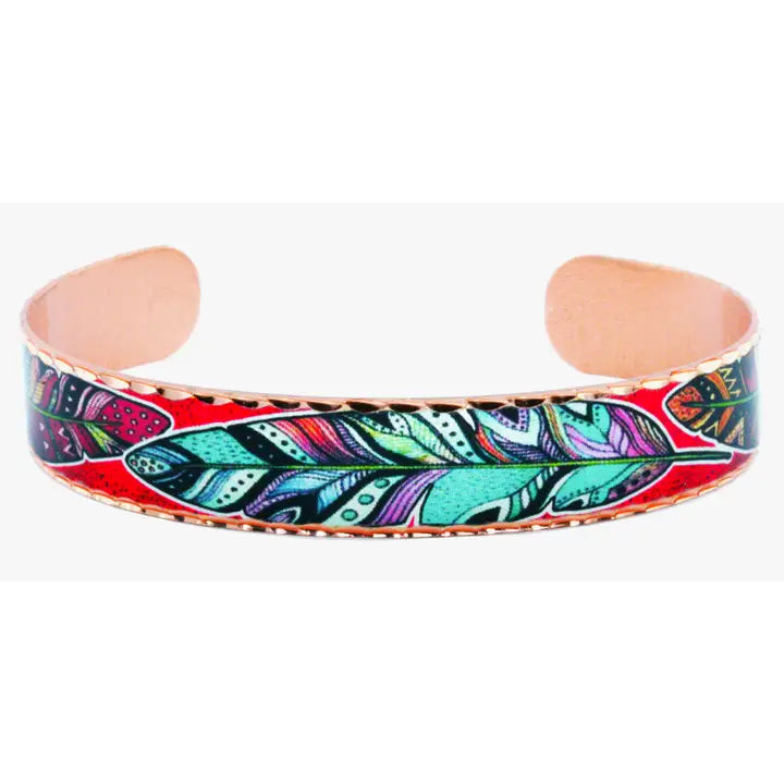 Colorful Feather Artwork Copper Cuff Bracelet