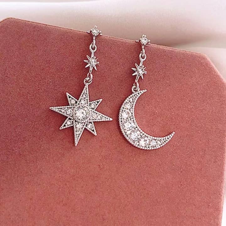 Moon and Star- Earrings w/zirconia stones