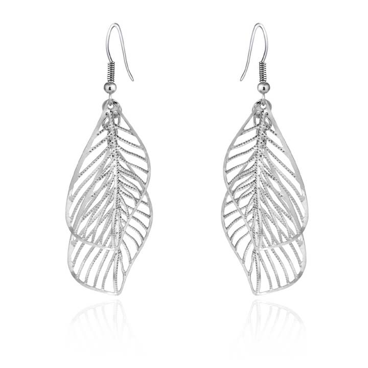 Filigree double  Leaves  silver  color earrings