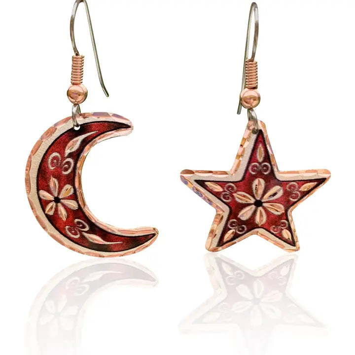 Red Moon and Star Flower Earrings