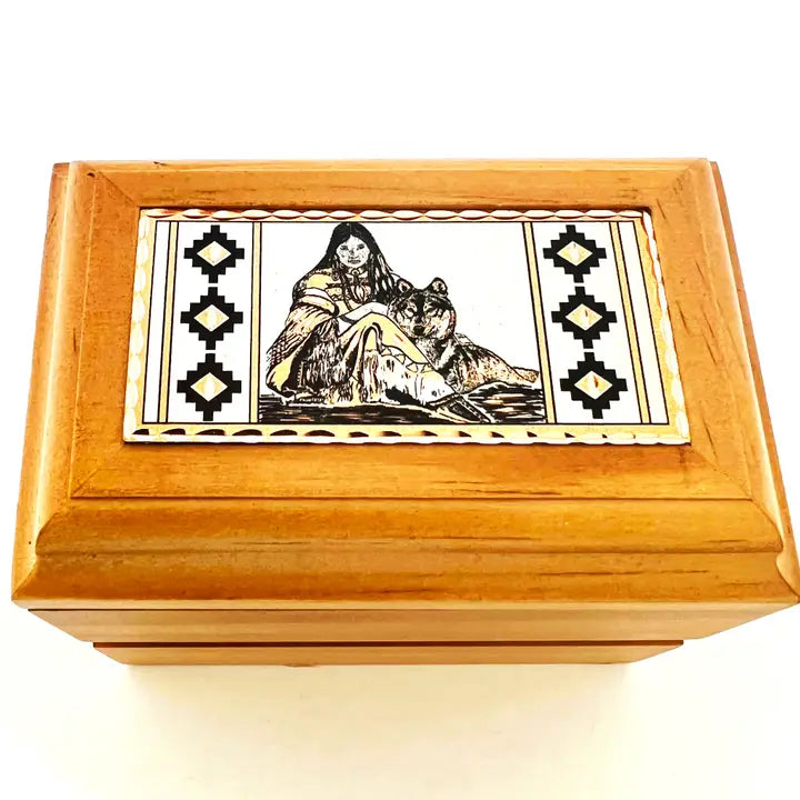 keepsake Wooden Box western Woman & Wolf