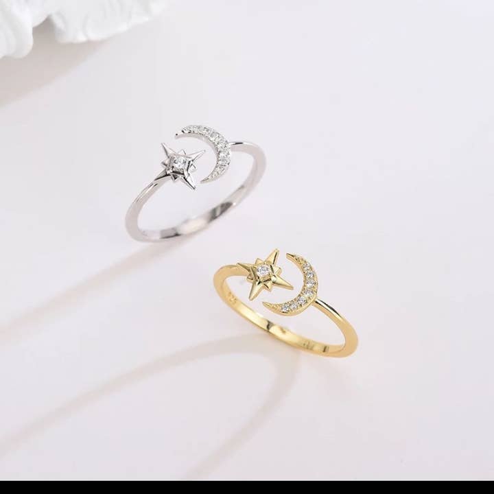 Silver tiny moon and star stainless steel Ring