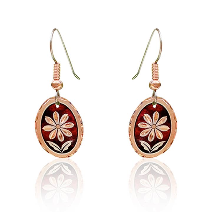 Red daisy flower oval shape earrings